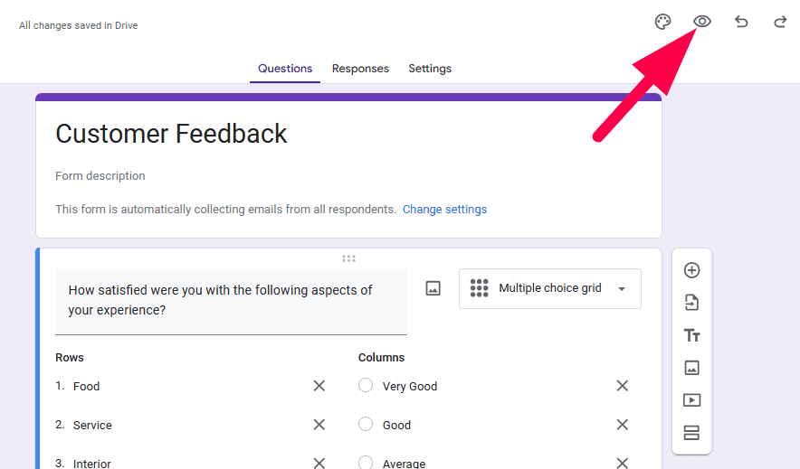 Red arrow pointing towards the eye icon at the top of Google Forms.