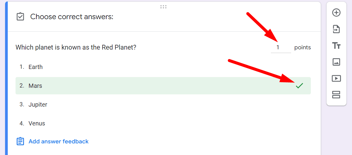 red arrow pointing to answer point value and another red arrow pointing to tick mark