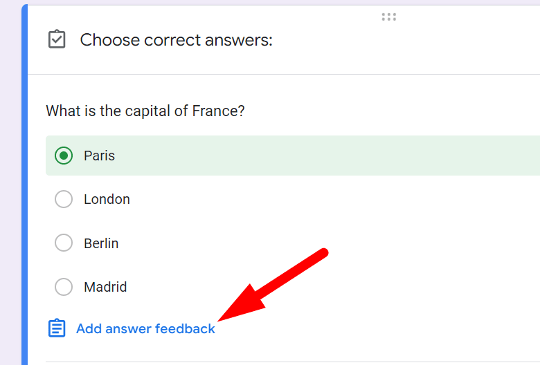 red arrow pointing to “Add answer feedback”