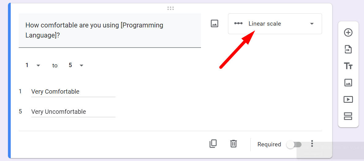 red arrow pointing to linear scale in question type