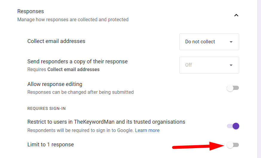 red arrow pointing to the toggle of “Limit to 1 response” in a google form