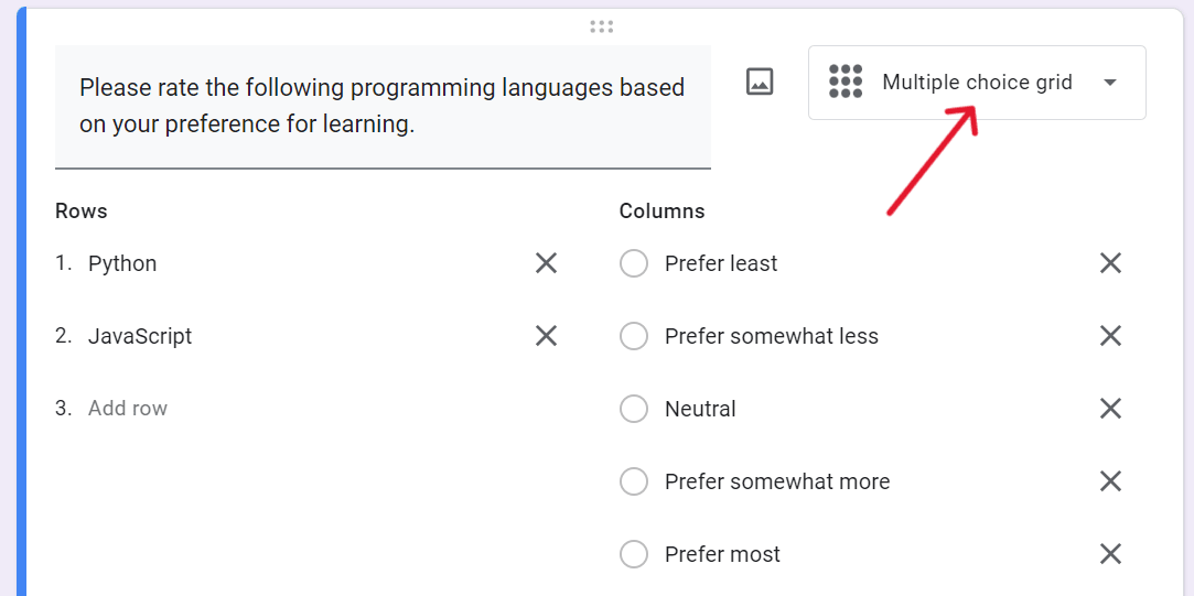 red arrow pointing to multiple choice grid in question type