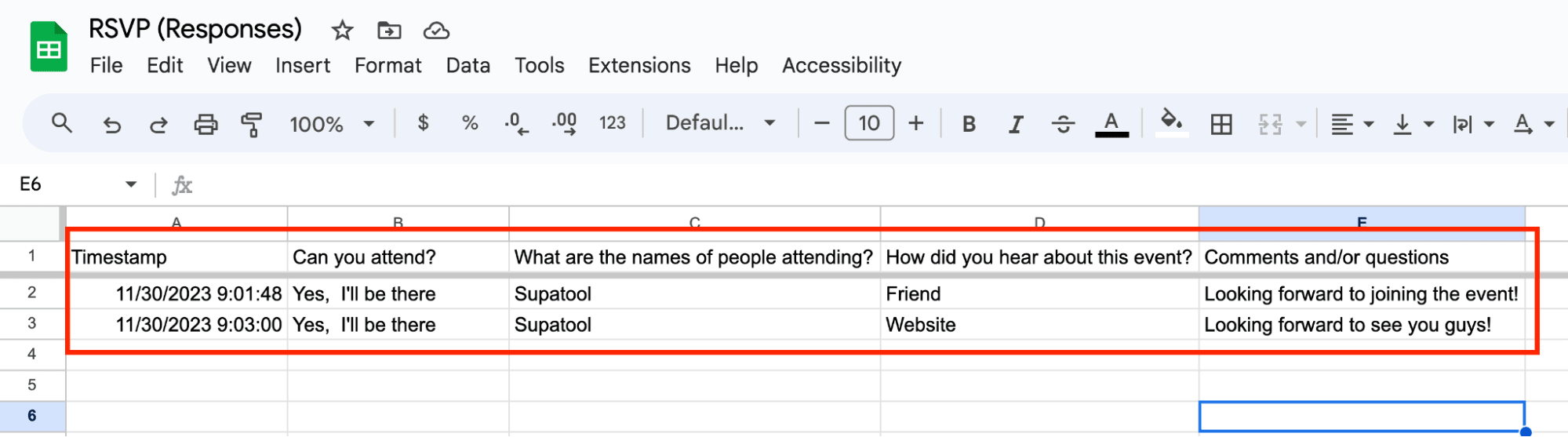 Red frame highlighting responses in a Google Sheet.