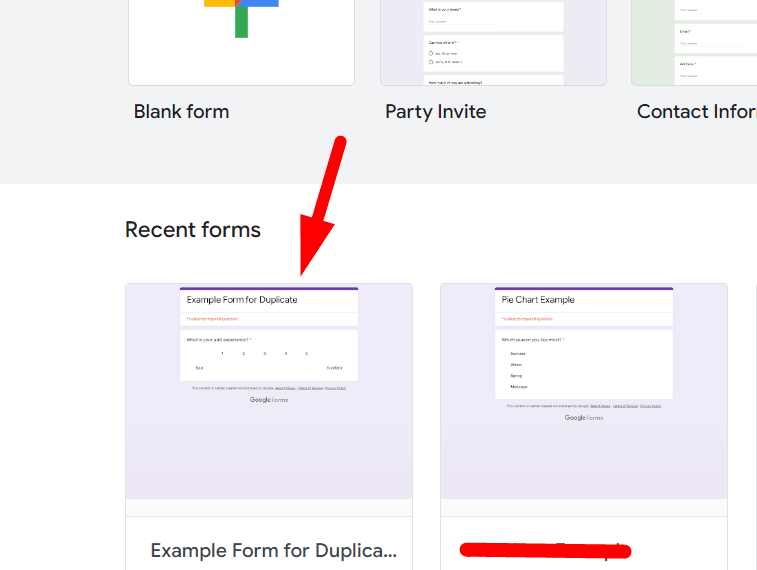 red arrow pointing to a recent form in google forms