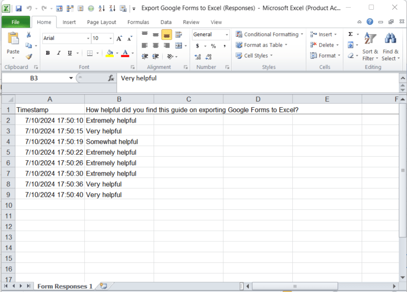 google form responses in excel sheet