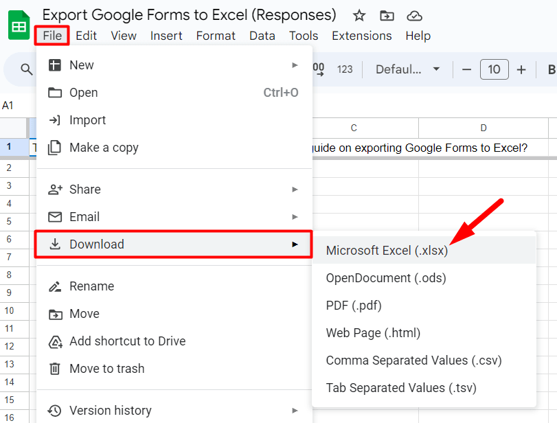 red arrow pointing to "Microsoft Excel (.xlsx)"