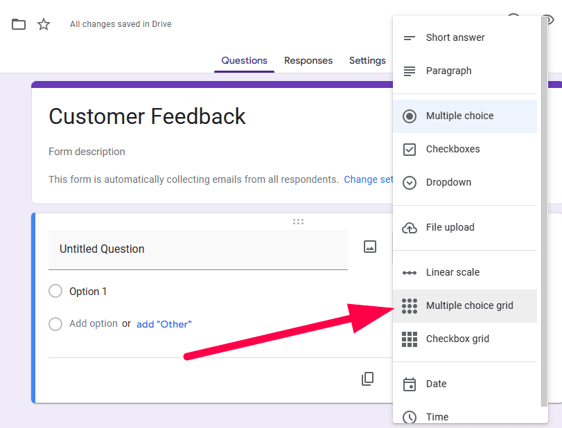 Red arrow pointing towards the “multiple choice grid” option from the dropdown menu of the question box.