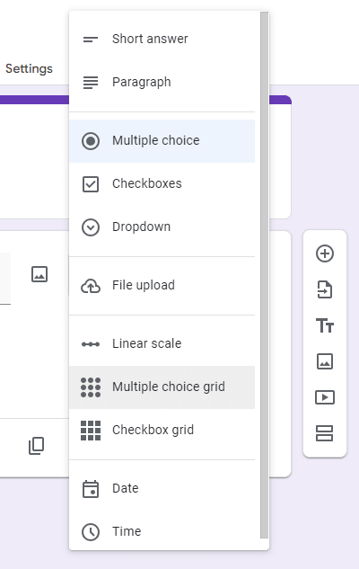 dropdown menu shows the types of question