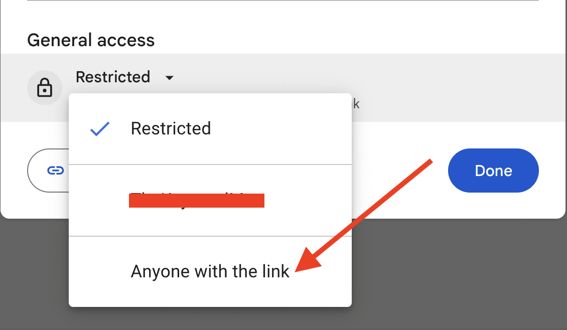 red arrow pointing to “Anyone with the Link”