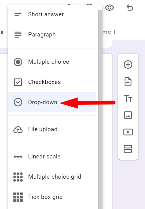 red arrow pointing to the ‘Drop-down’ from a drop down menu in a google form