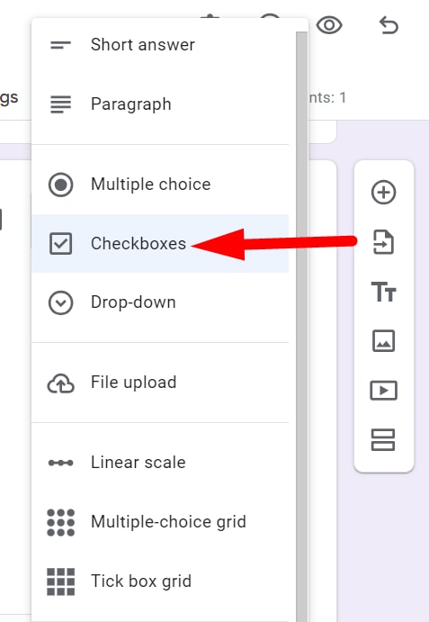 red arrow pointing to the ‘Checkboxes’ from a drop down menu in a google form