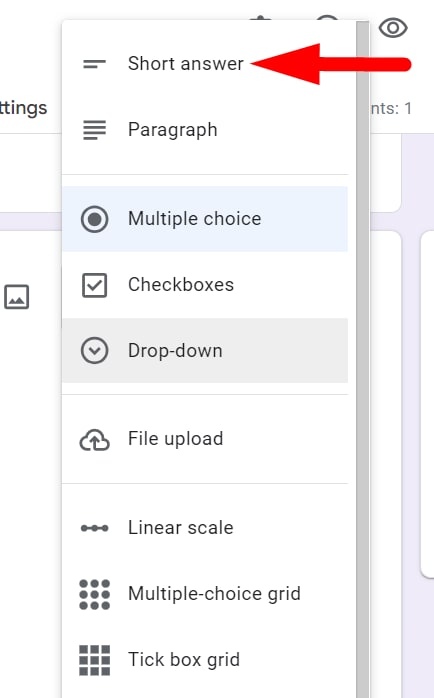 red arrow pointing to the “Short answer” from a drop down menu in a google form