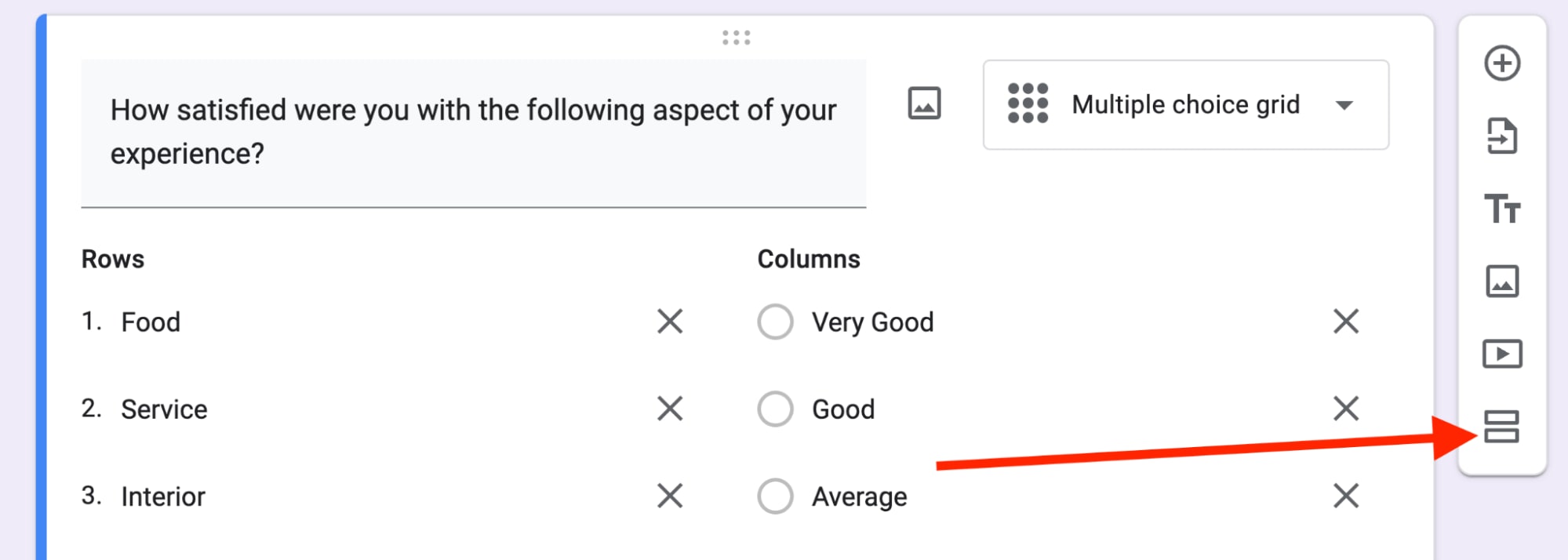 Red arrow pointing towards the “add section” option from the sidebar of a question in a Google Form.