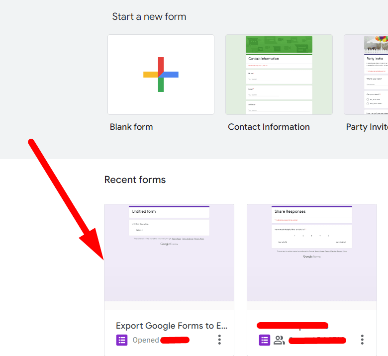 red arrow pointing to an existing form in google forms