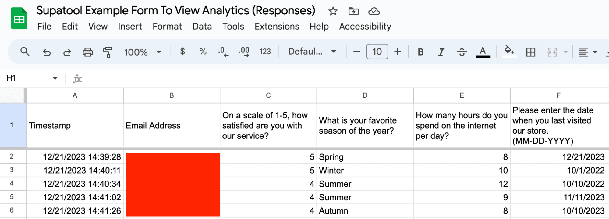 Preview of google sheet analytics view.