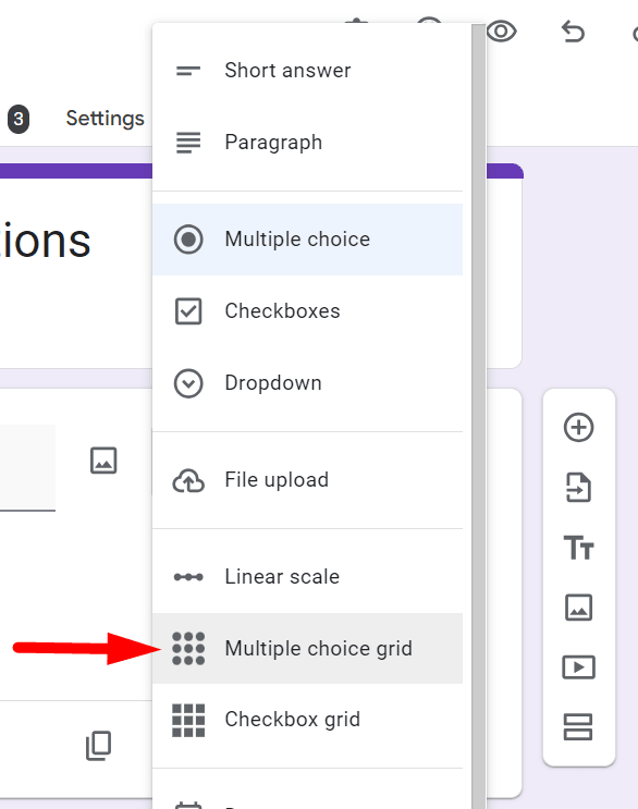 red arrow pointing to the multiple choice grid from a drop down menu in a google form