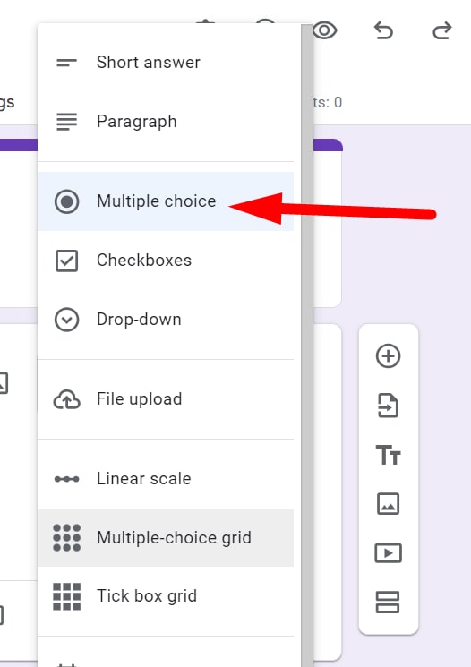 red arrow pointing to the “Multiple choice” from a drop down menu in a google form
