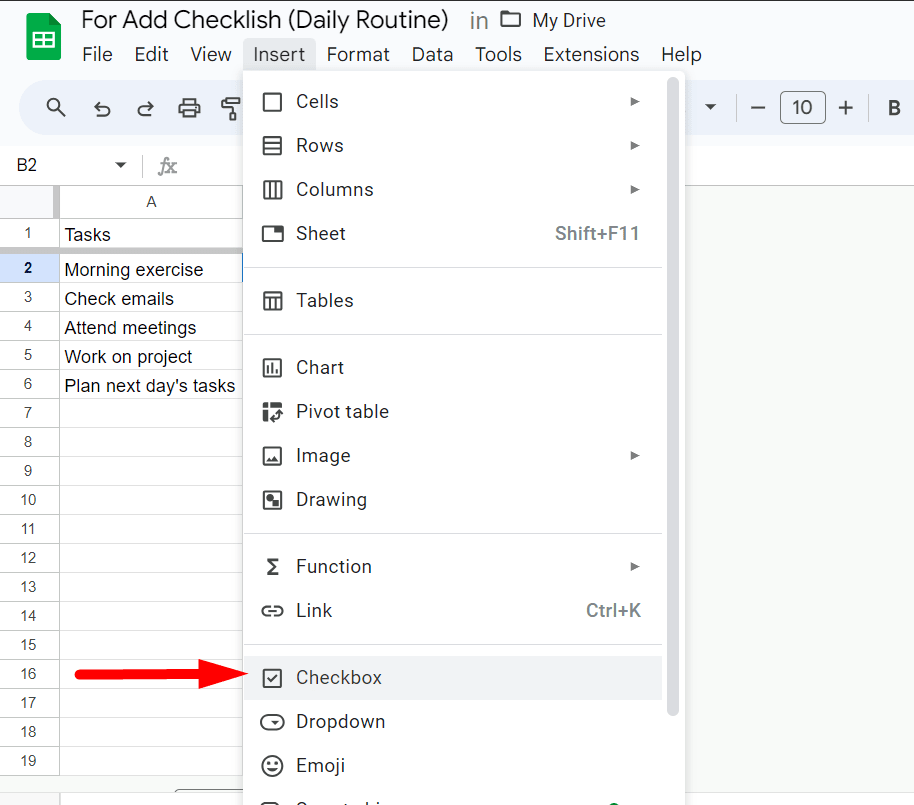 red arrow pointing to ‘Checkbox’ in dropdown menu