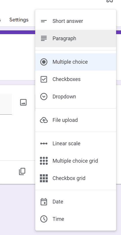 dropdown menu shows the types of question