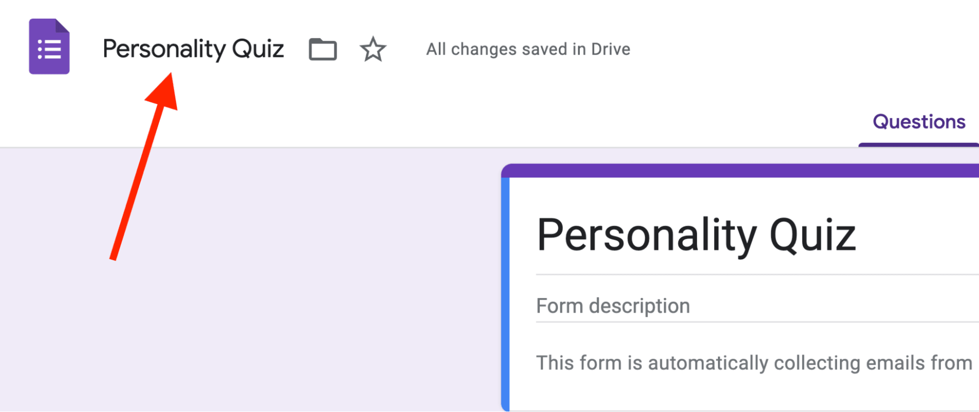 Red arrow pointing towards a Google Form name.