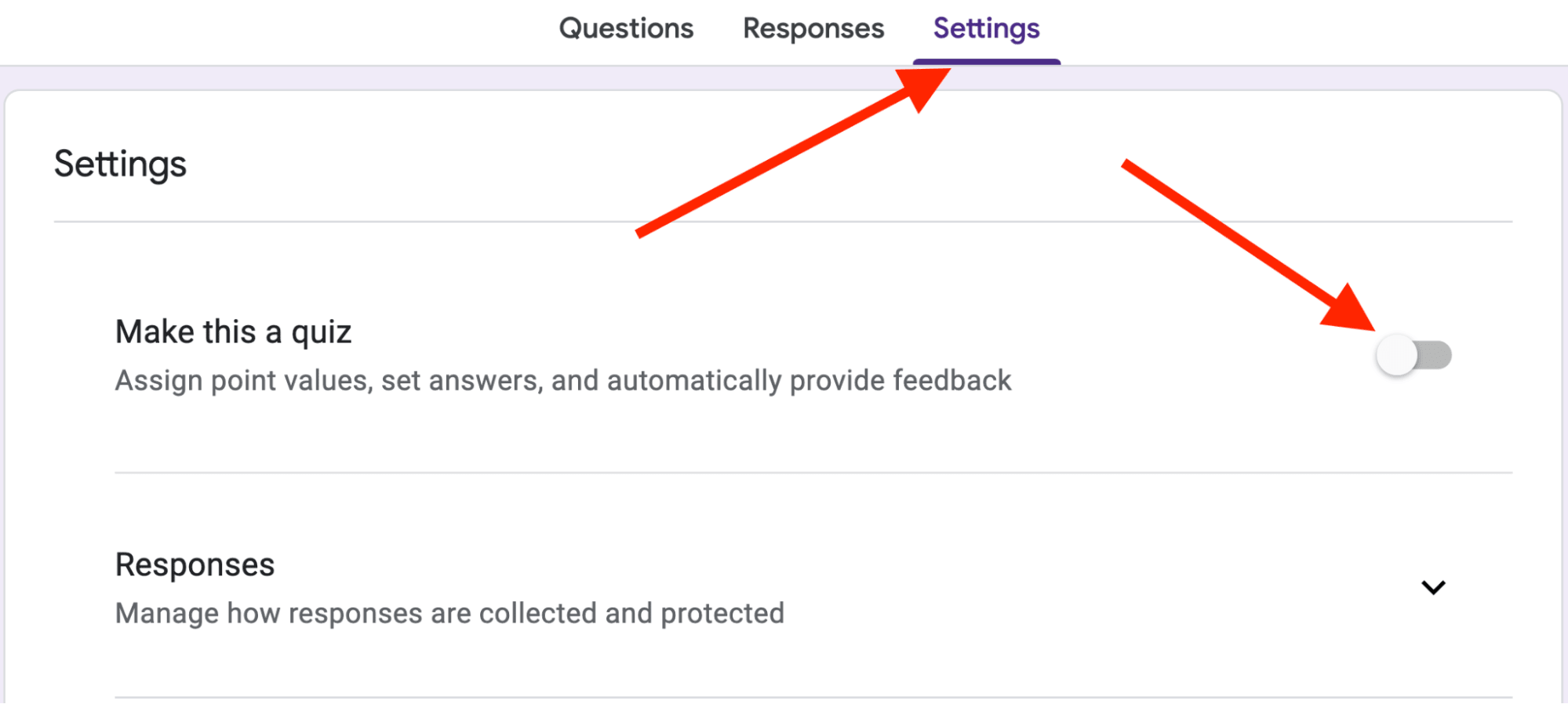 One red arrow pointing towards the “Settings” tab. One red arrow points towards the “Make this a quiz” toggle button