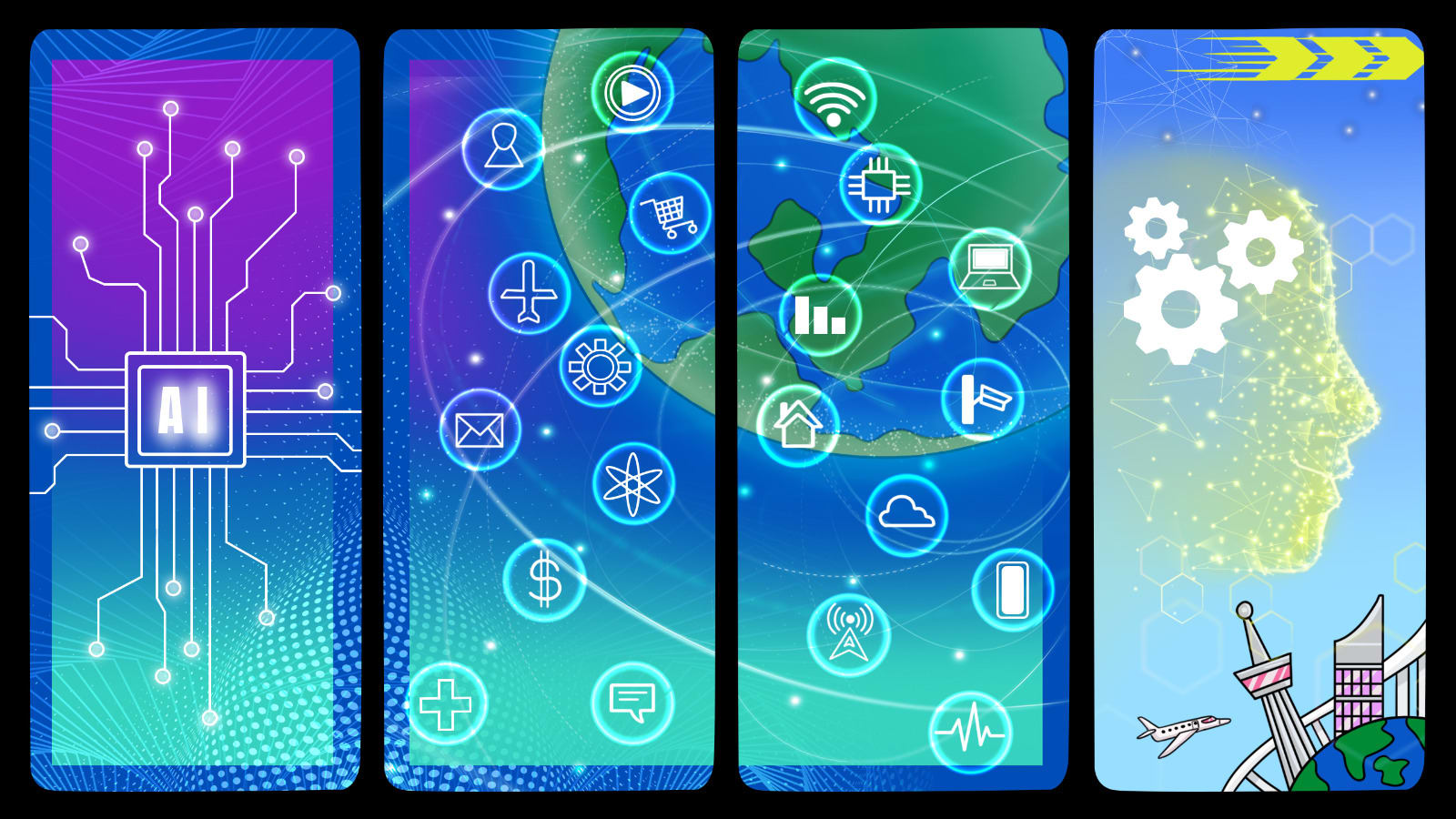 Image showing AI chip, datastreams & applications connecting the world, leading to a visual representation of AI