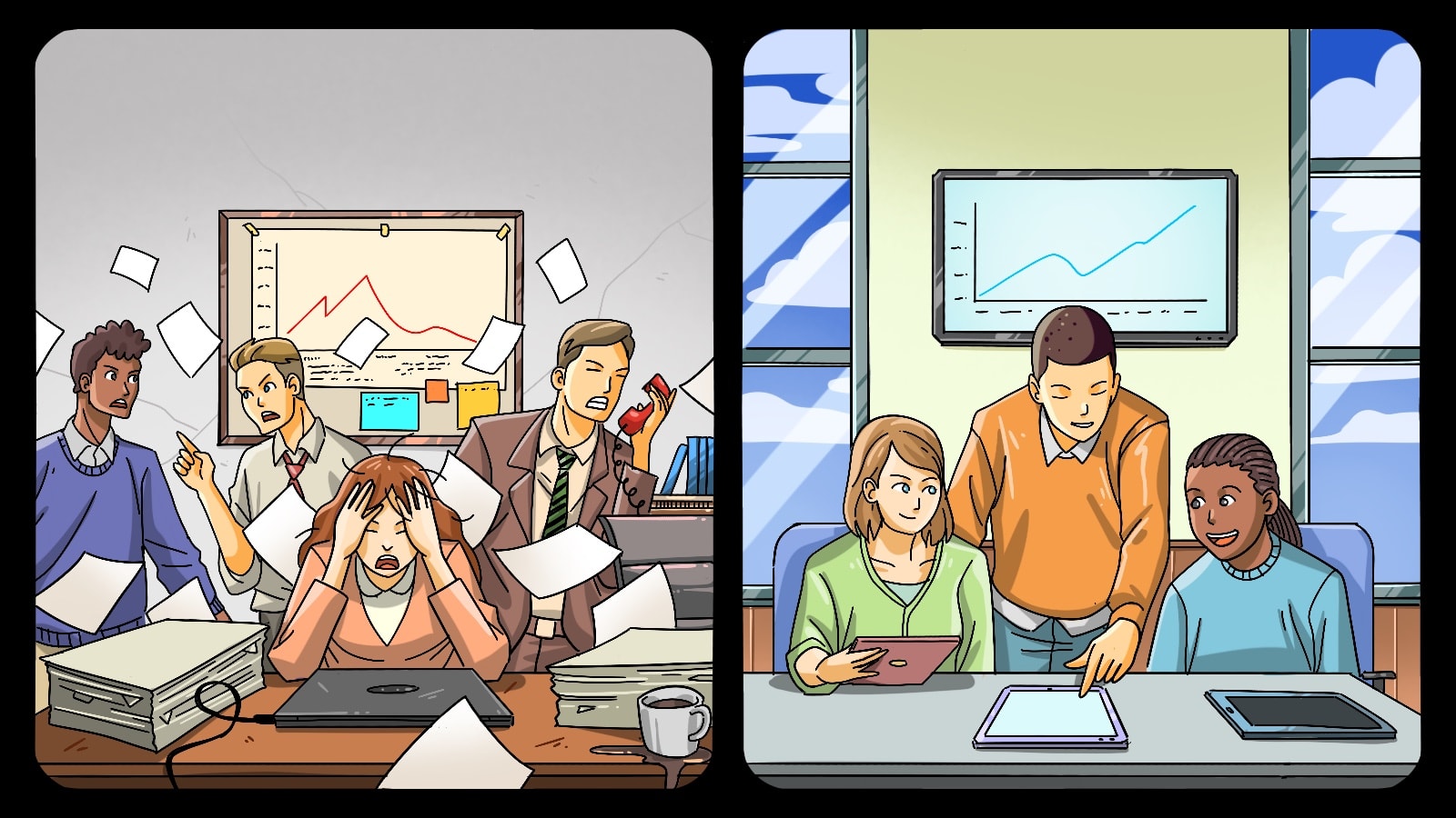 Image showing chaotic office managed by paper, with employees stressed. Right side showing organised office with happy employees and no paper