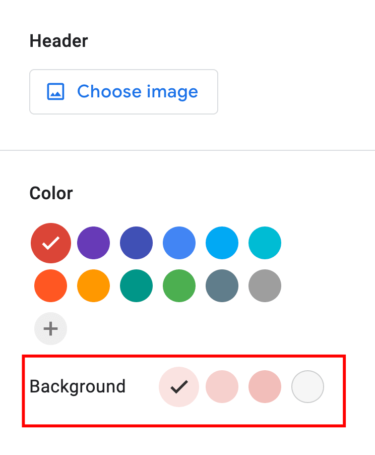 Red frame box highlighting background color options of a Google Form.