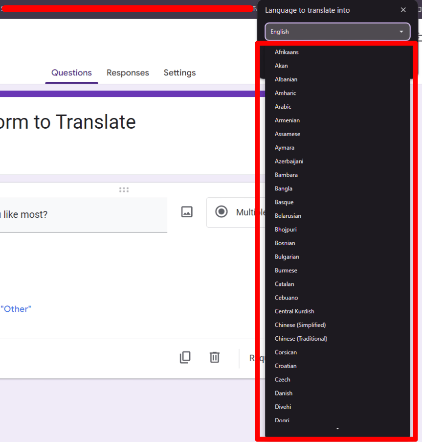 red rectangle highlights various language in dropdown menu