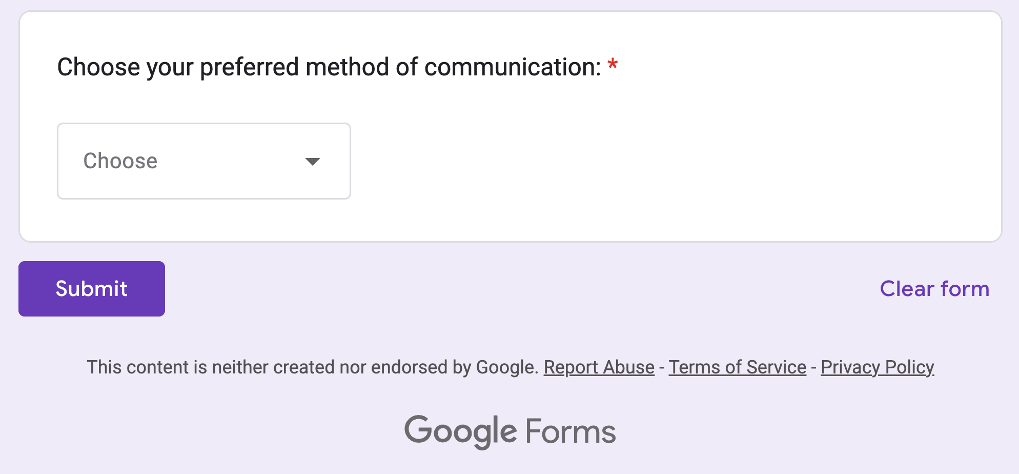 Respondent view of dropdown questions in a google form.