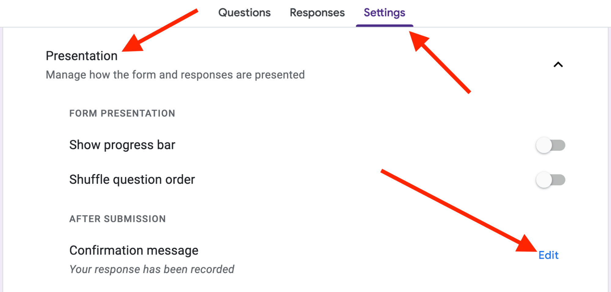 One red arrow pointing towards the “Settings” tab. One red arrow points toward the “Presentation” section. One red arrow points towards the “Edit” button