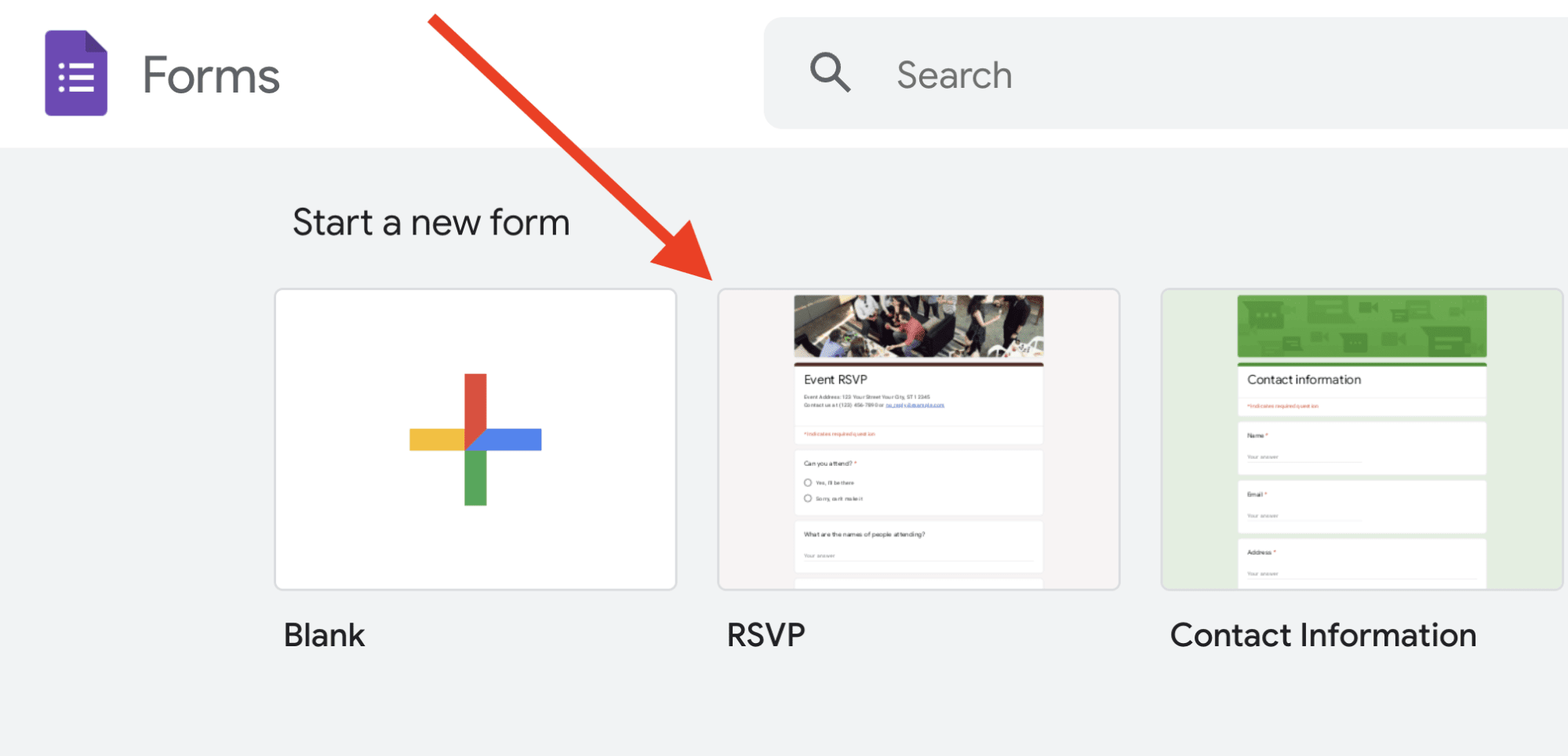 Red arrow pointing towards RSVP template.
