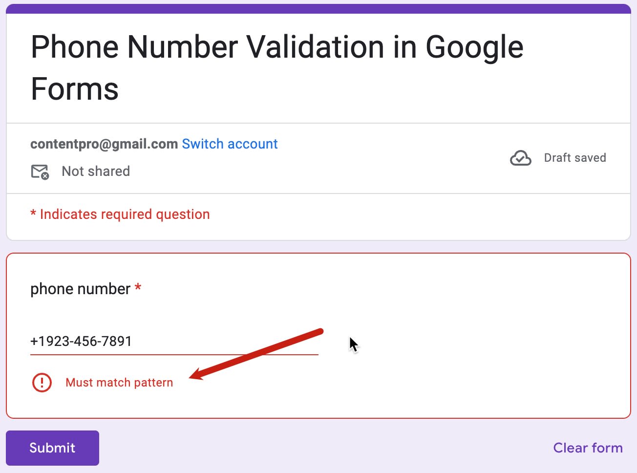 Screenshot showing error message if they enter an invalid phone number