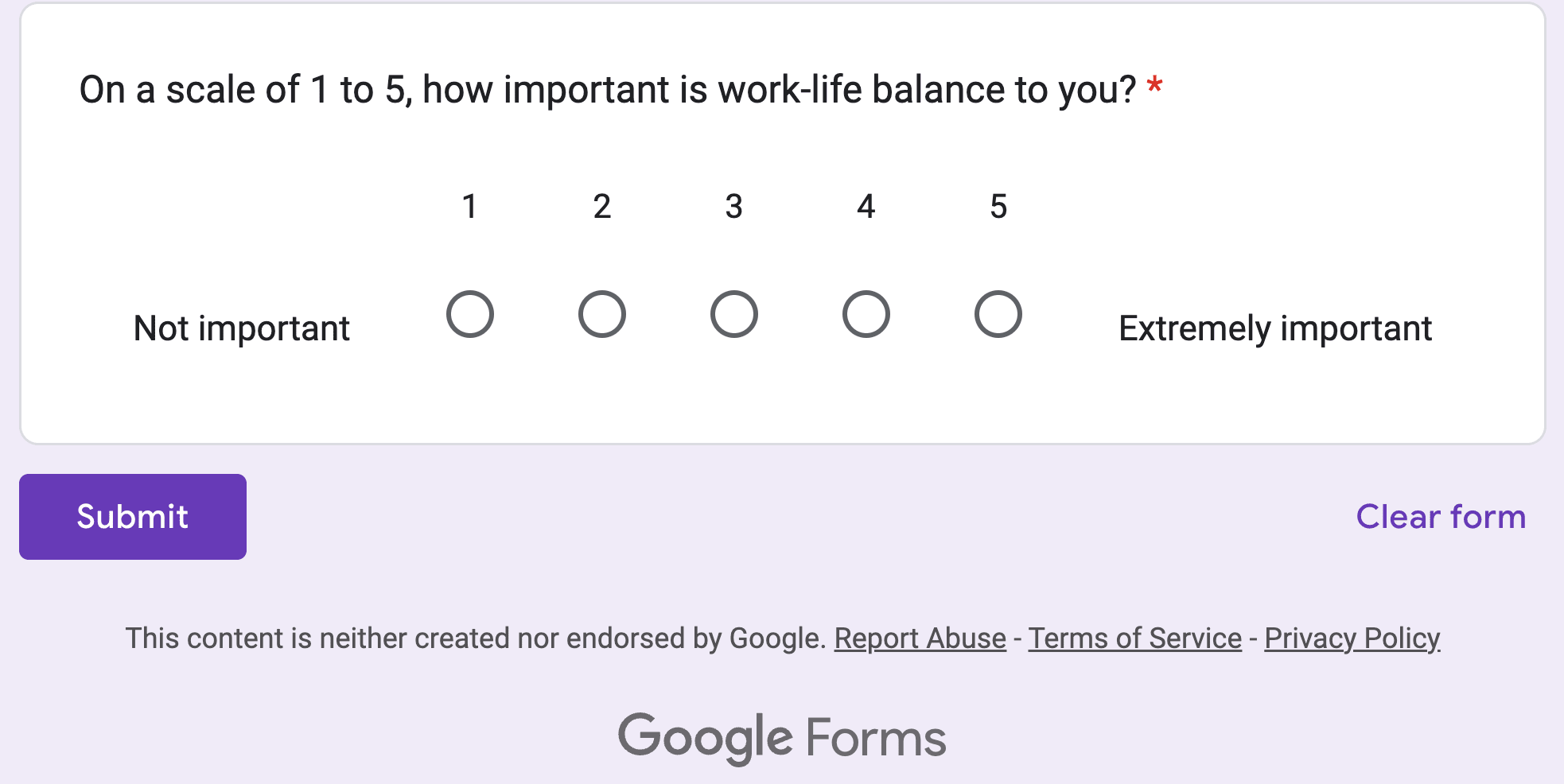 Respondent view of linear scale questions in a google form.