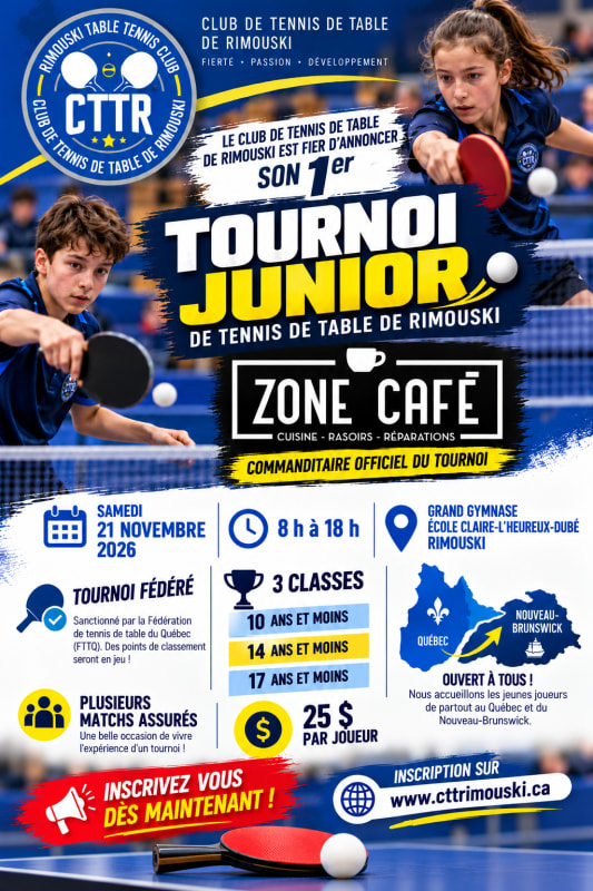 Affiche — Tournoi junior de tennis de table de Rimouski Zone Café