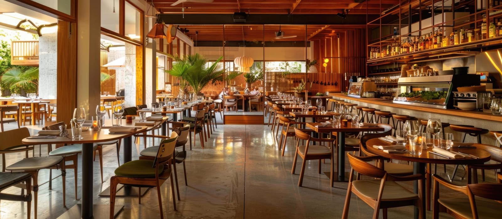 Interior de restaurante moderno con mesas y sillas de madera