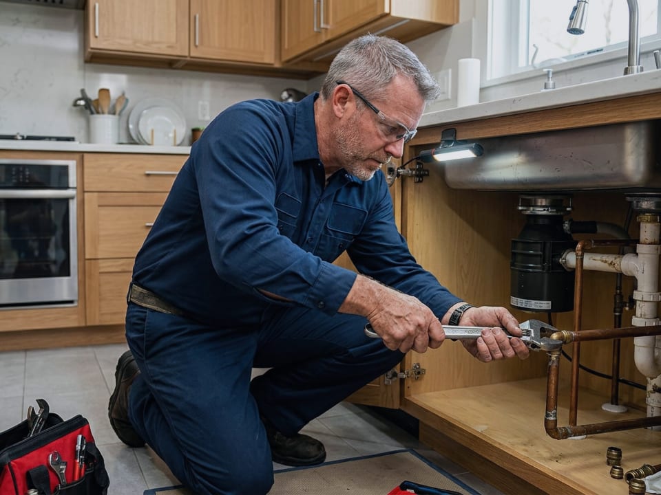 Fontanero reparando las tuberías bajo el fregadero de una cocina