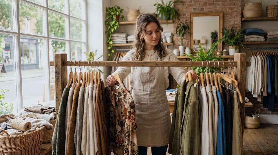 Mujer colocando ropa en un perchero de una boutique