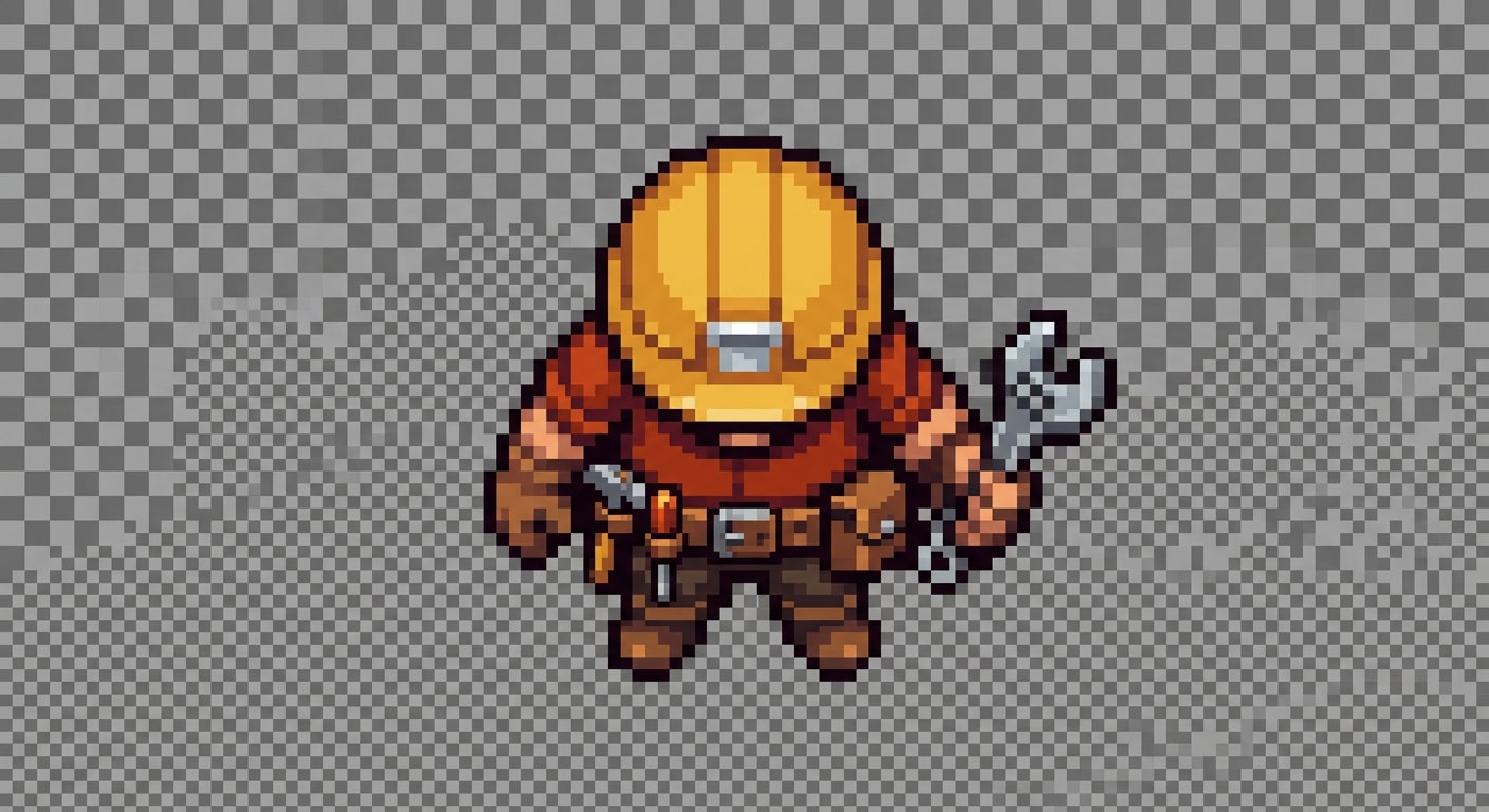 Image: top-down pixel art sprite of a builder hero charac