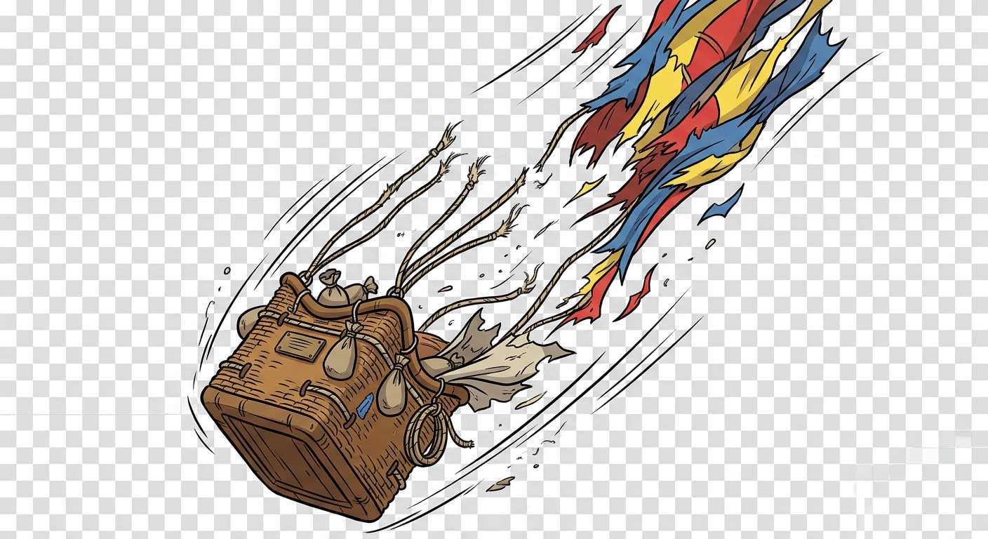 Image: Wicker gondola basket falling downward, torn fraye