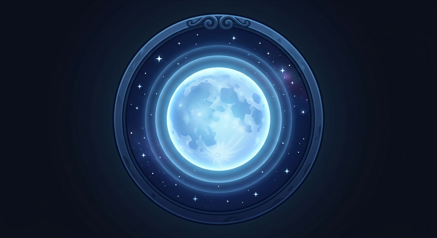 Image: game icon, full moon with soft blue radiant glow a