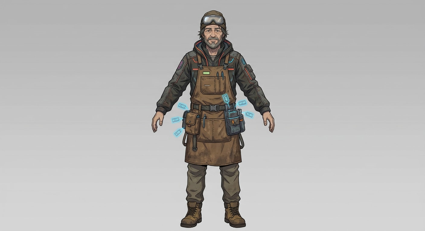 Image: Single full-body anime cyberpunk street merchant N