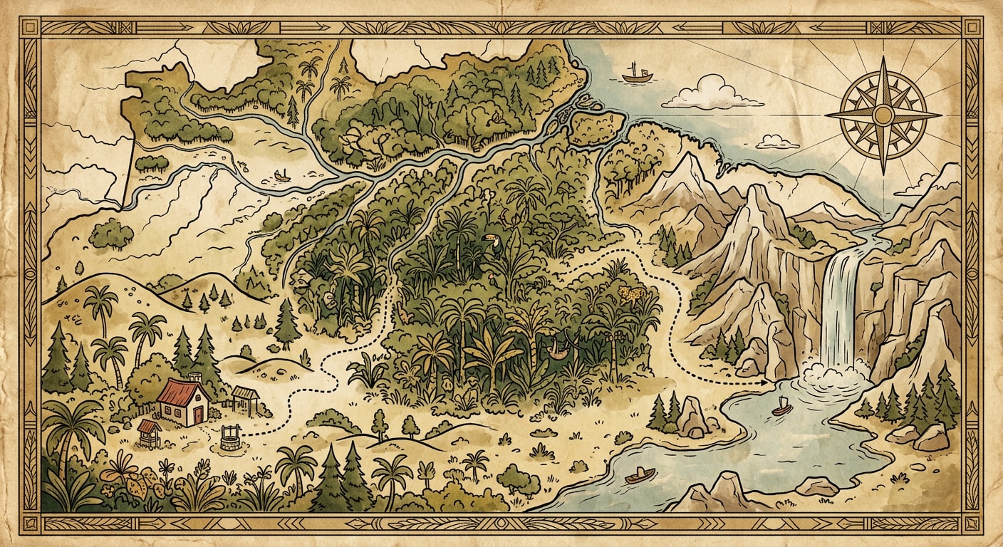 Image: 1930s vintage hand-drawn paper travel map, parchme