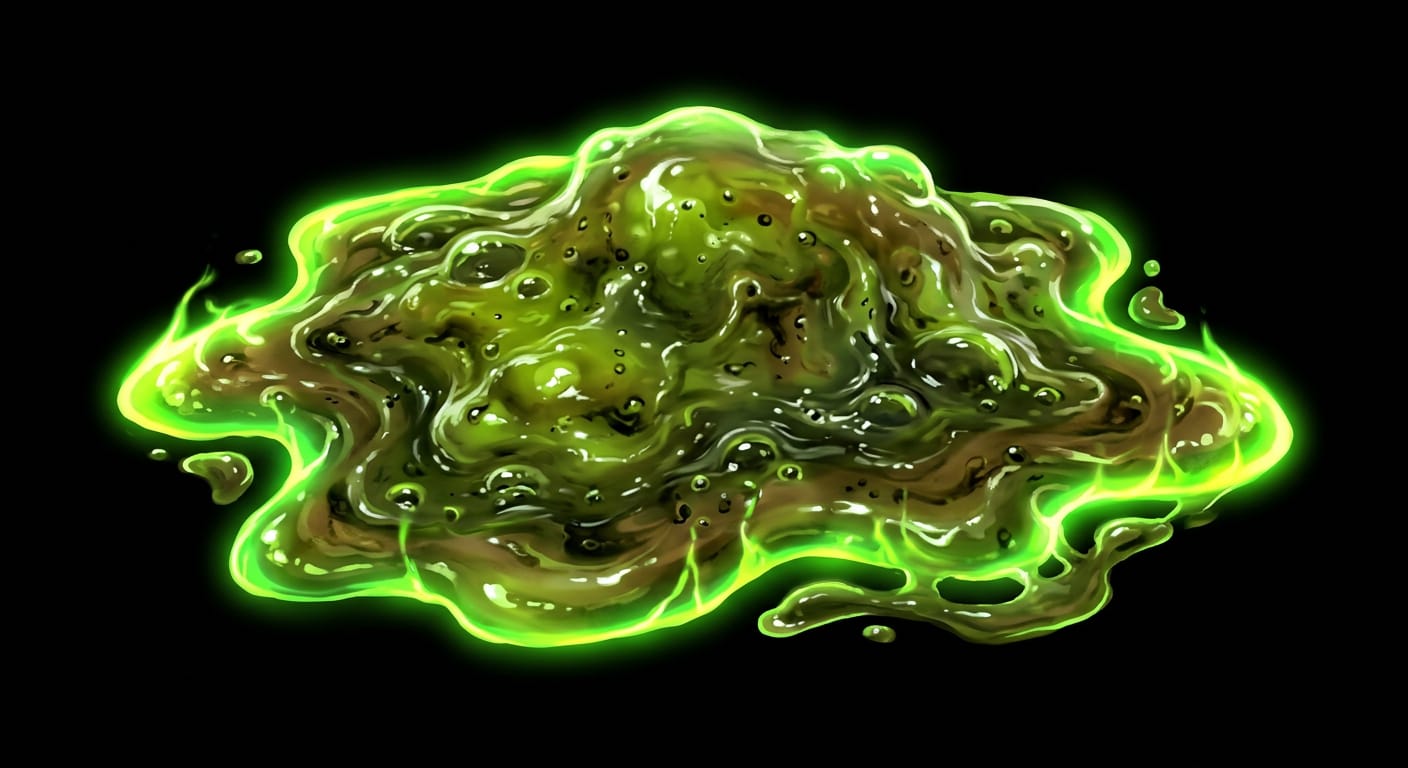 Image: toxic sludge blob icon, green-brown viscous puddle