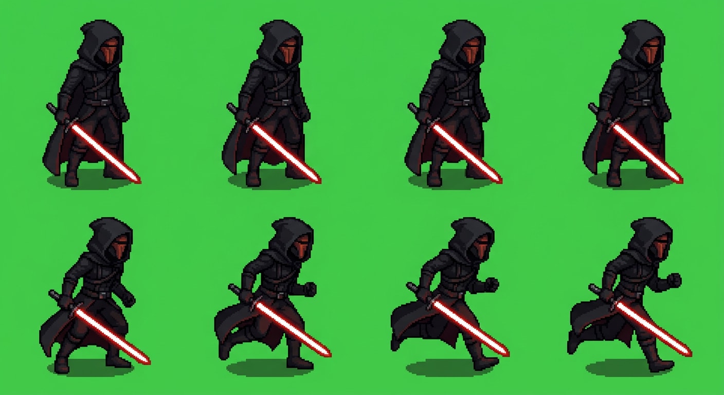 Image: Pixel art character sprite sheet strip, exactly 8