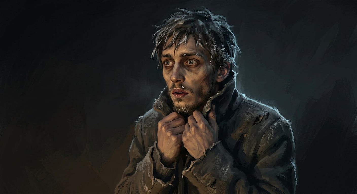 Image: Bust portrait of a haunted young frost-world survi