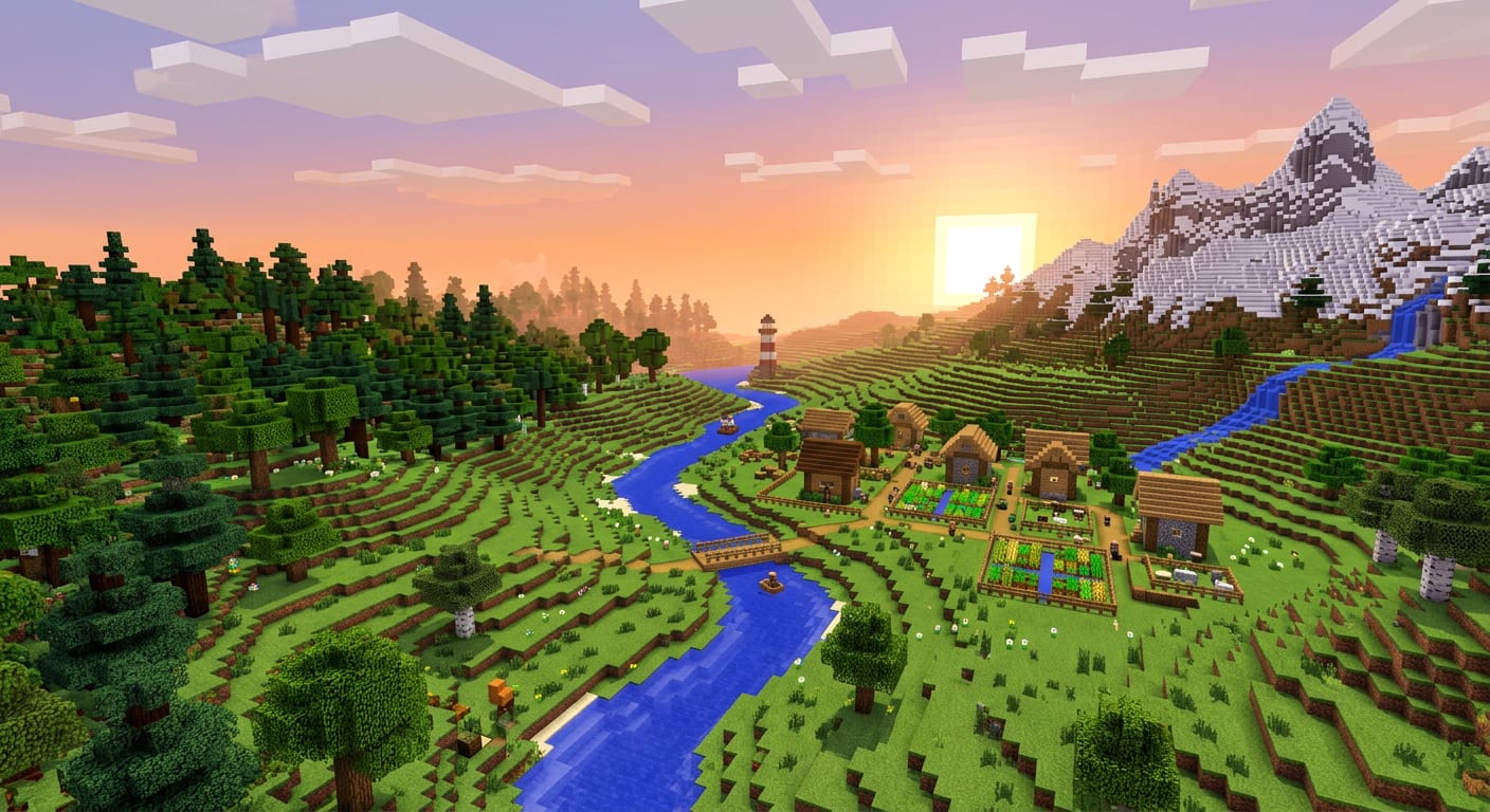 Image: Lush blocky voxel sandbox landscape at warm golden