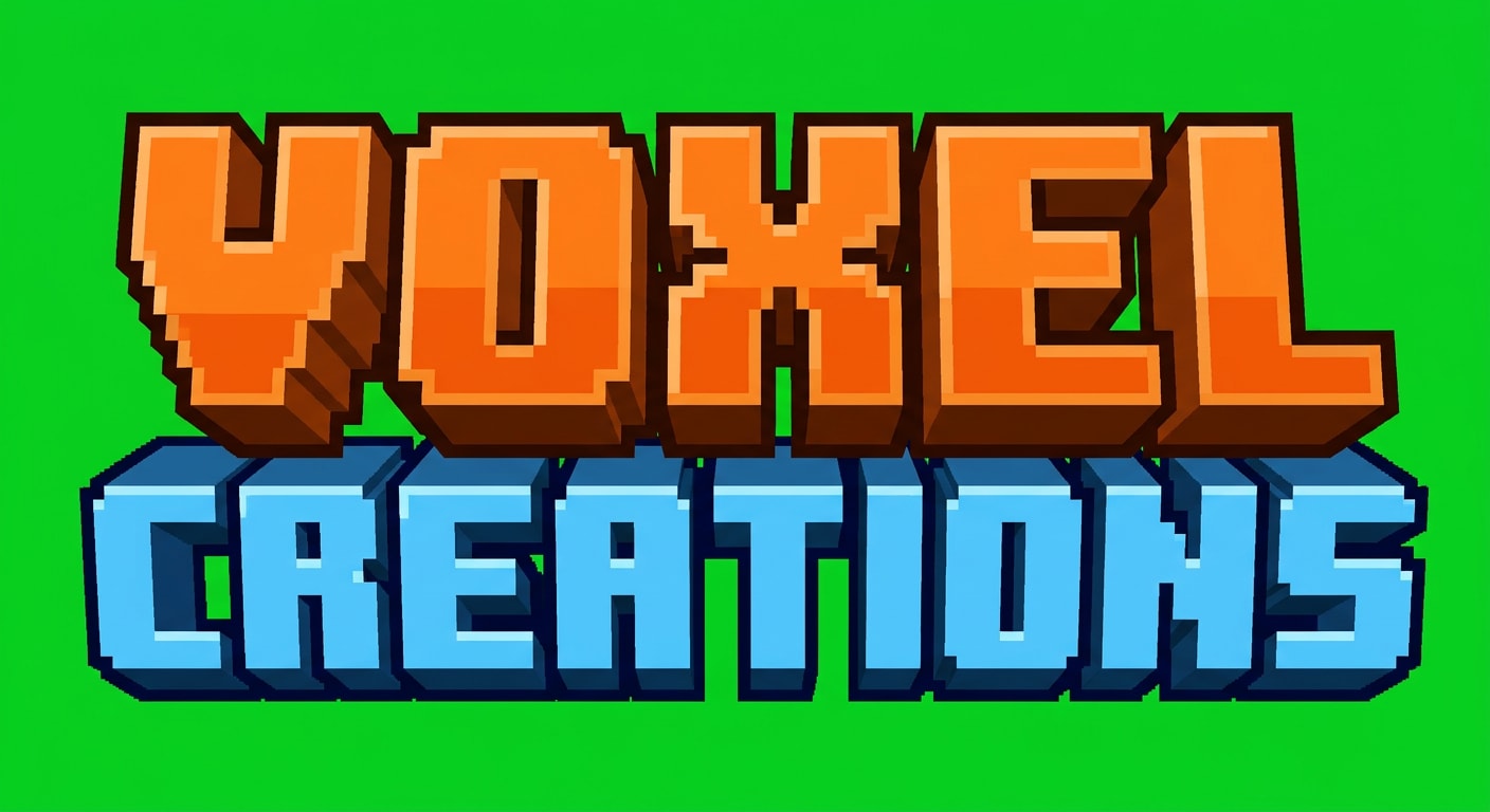 Image: Chunky 3D pixel-art video game logo, the two words