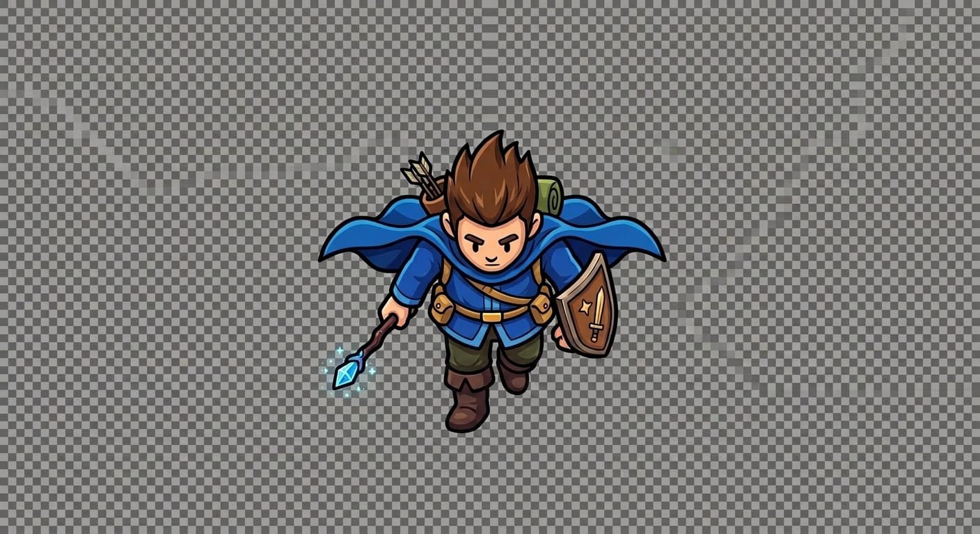 Image: Exact same top-down 2D cartoon hero character, ide