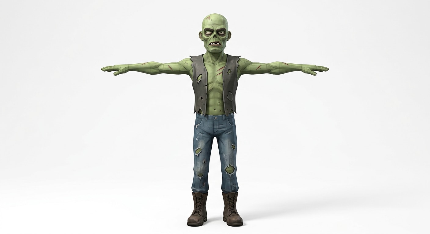 Image: A green cartoon zombie, T-pose, arms straight out
